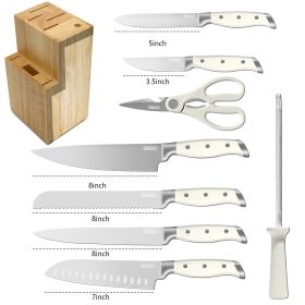 Qulajoy White Knife Set With Block - 9 Piece Razor Sharp Forged High Carbon Stainless Steel Kitchen Knives - Triple Rivet Cooking Knife Set With Kitch