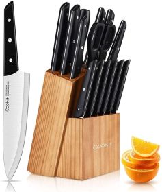 Knife Sets with Block; 15-Piece Kitchen Knife Set with Sharpener; Germany Stainless Steel Knife Block Set and Serrated Steak Knives