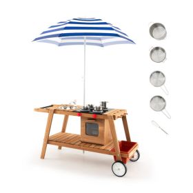 Wooden Play Cart with Sun Proof Umbrella for Toddlers Over 3 Years Old