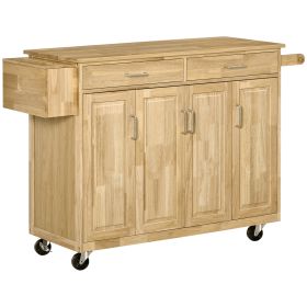 Kitchen Island on Wheels, Natural Hardwood Kitchen Cart with Drawers, Storage Cabinets, and Tool Caddy, Microwave Cart for Dining Room, 54 Inches Wide