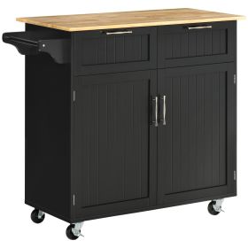 41" Modern Rolling Kitchen Island on Wheels, Utility Cart Storage Trolley with Rubberwood Top & Drawers, Black