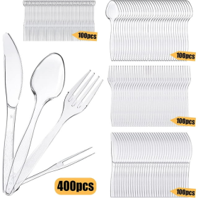 STONCEL 400PCS Clear Plastic Cutlery Set, Durable Reusable Plastic Cutlery Set Includes 100 Forks 100 Spoons 100 Knives 100 Fruit Forks for Tableware