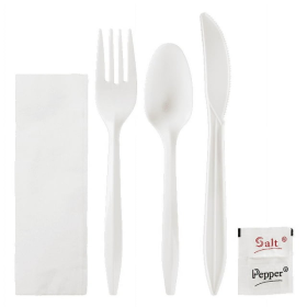 Karat PP Plastic Medium Weight Cutlery Kits with Salt and Pepper - White - 250 ct