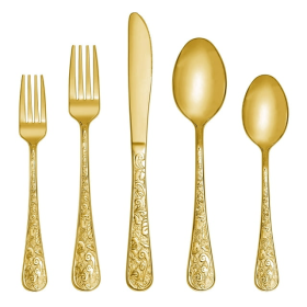 Runfly Vintage Carved Gold Stainless Steel 20 Pieces Flatware Golden Silverware Set,Modern Embossed Cutlery Set Utensils