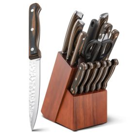 15 Pieces Stainless Steel Knife Block Set with Ergonomic Handle (Color: Silver + Brown)