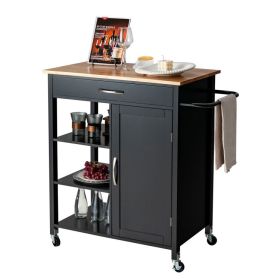 Mobile Kitchen Island Cart with Rubber Wood Top (Color: Black)