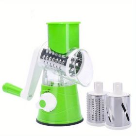 Vegetable Slicer, 3 in 1 Round Veggie Chopper Fruit Cutter Cheese Shredder Rotary Drum Grater with 3 Stainless Steel Blades (Color: green)