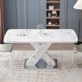 Modern Square Dining Table;  Stretchable;  Printed Black/white Marble +MDF X-Shape Table Leg with Metal Base (Color: White)