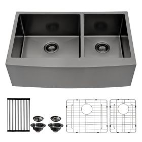 36 Inch Gunmetal Black Farmhouse Sink 16 Gauge Kitchen Sink Apron Front Double Bowl 50/50 Stainless Steel Sink (Design: 60/40, size: 36)